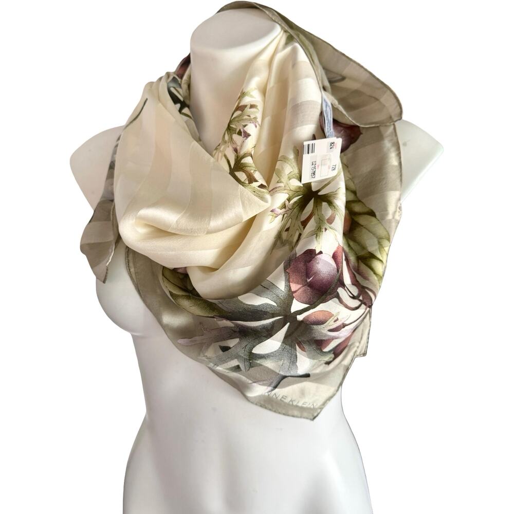Vintage Anne Klein 1990s Silk Ivory Striped Pomegranate Scarf NWT 34x34 - Picture 8 of 11
